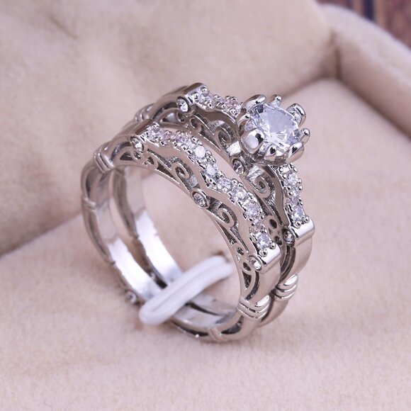 🔥 Luxury Flower Carved Wedding/Engagement Silver Ring Set for Women,VIP528 - Picture 2 of 6